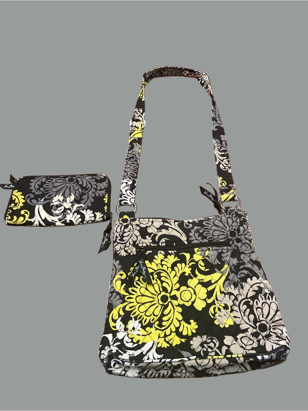 Vintage Vera Bradley Crossbody Bag with Matching Wallet - Black, Gray & Yellow